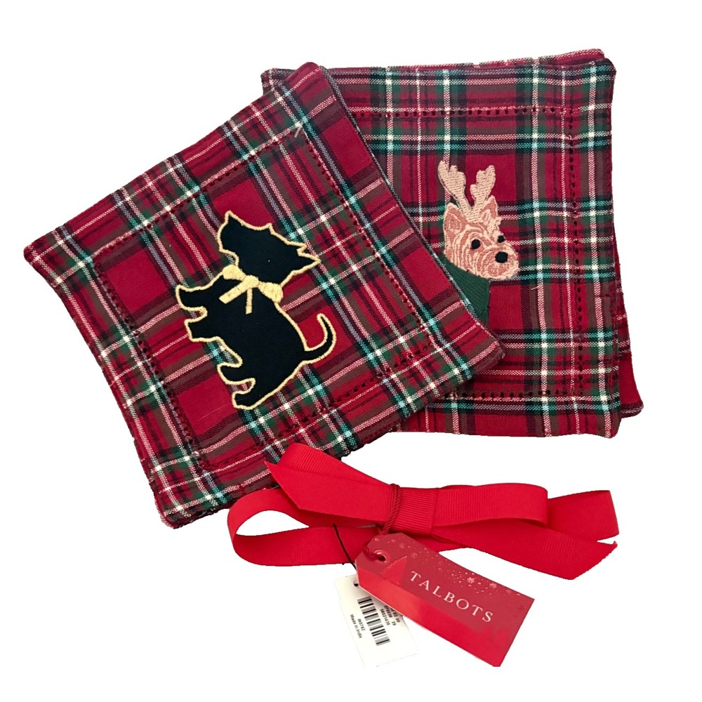 Talbots ~ Red Tartan Plaid Scottie Dog Christmas 4 Cotton Cocktail Napkins ~ New